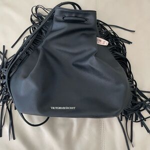 Victoria's Secret Black Drawstring Backpack with fringe. Brand NEW w/tags!